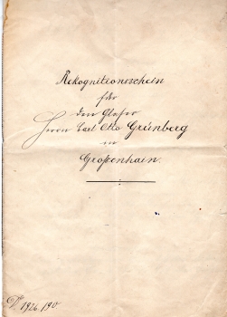 Recognition certificate for the glazier Carl Otto Grunberg in Großenhain September 18, 1890 