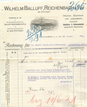 73262 Reichenbach Fils cotton weaving mill Wilhelm Balluff letterhead with factory view 1921
