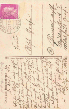 Reichenbrand, Chemnitz, Saxony – multi-view postcard, postmarked July 23, 1945; Hitler stamp with "Paid" (Bezahlt) cancellation from Siegmar-Schönau. Nevoigt-Strasse: A view of villas and the street in the town. Overall view: A panoramic view of Reichenbr