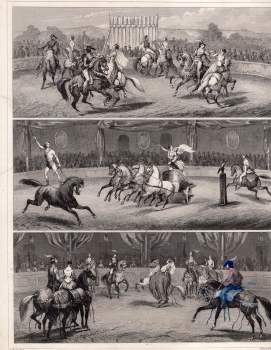 Riding demonstrations steel engraving by Henry Winkles after G. Heck around 1850