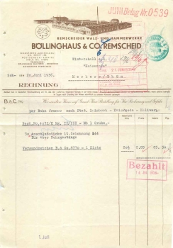 42853 Remscheid Walz- und Hammerwerke Böllinghaus & Co. Briefkopf mit Fabrikansicht 1936