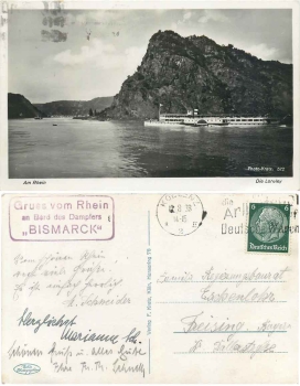 Rhine steamship  Board stamp on the steamer "Bismarck" o 12.8.1938
