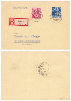 Rheinland-Pfalz 45 und 75 Pfennig auf Einschreiben o Mainz 1 18.7.1947 nach Bad Blankenburg