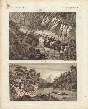 Rhone Bridge to St. Moritz and the Devil's Bridge on the St. Gotthard original copper engraving around 1790