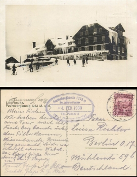 Riesengebirge Fuchsbergbaude o 4.2.1930 mit Baudenstempel Sudeten Kreis Hohenelbe