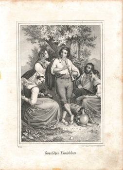 Roman country life man with flute original lithograph around 1840