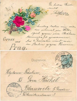 Roses and forget-me-not greetings from Prague embossed card o 26.11.1900