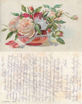 Rosen in roter Schale Prägekarte Silberig gebr. 28.10.1917Rosen Silberschnittkarte gebr. 28.10.1917