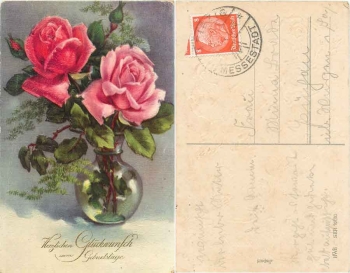 Roses in a vase with ferns HWB series 16130 embossed card o 9.10.1934