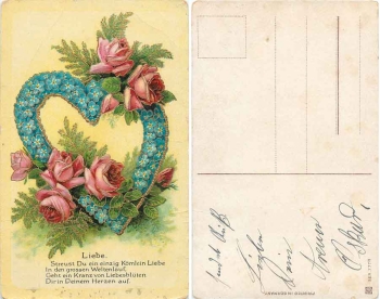 Red roses with forget-me-not-heart gold-edged card used. circa 1910