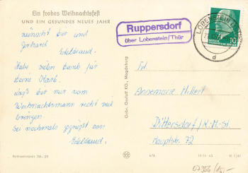 07356 Ruppersdorf via Lobenstein Country postmark on AK o December 21, 1961