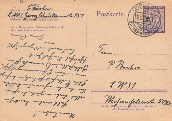 SBZ 6 Pfennig local postal stationery o Leipzig 9.11.1945 to Leipzig W 31