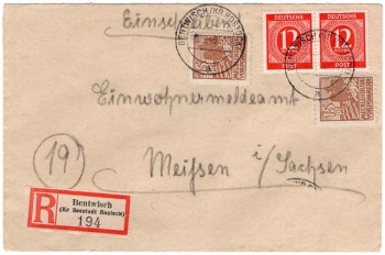 SBZ Mecklenburg-West Pomerania 2 x Michel 37 on R letter o Bentwisch March 8th, 1946 to Meissen