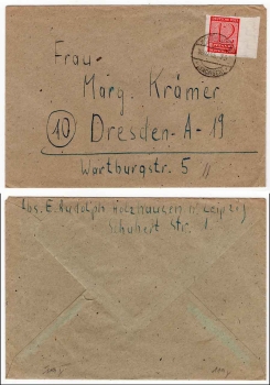 SBZ West Saxony Michel 119y edge piece single franking on cover o Holzhausen 10/18/1945 to Dresden