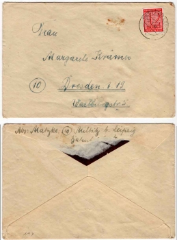 SBZ West Saxony Michel 119y single franking on cover o Miltitz 9.1.1946 to Dresden
