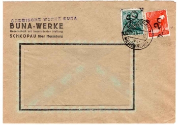 SBZ Michel 168 172 district handstamp 20 Mereburg on 8 + 16 Pfennig letter o Schkopau 29.6.1948
