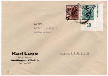 SBZ Michel 171 172 district handstamp 16 Weimar on 15 + 16 Pfennig letter o Weimar 28.6.1958