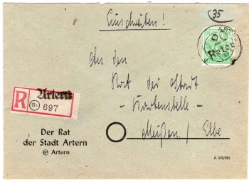 SBZ Michel 181 District handstamp 20 Artern on 84 Pfennig R-Brief o Artern 1948