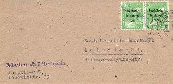 SBZ Michel 185 waagerechtes Paar auf Ortsbrief violetter Stempel in Leipzig C1 nachträglich entwertet