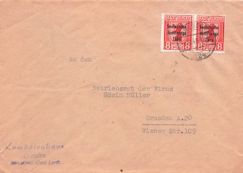 SBZ Michel 202A waagerechtes Paar auf Ortsbrief Dresden 4.11.1948