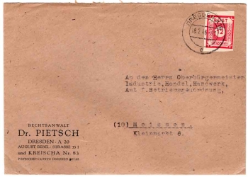 SBZ Michel 46A 12 Pf number series single franking on cover o Dresden A16 02/18/1946 to Meissen