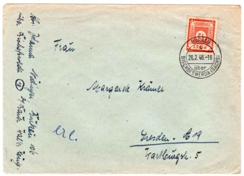 SBZ Michel 60 12 Pfennig number series on cover from Burkau via Bischofswerda 02/28/1946 to Dresden