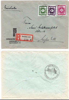 SBZ Ost-Sachsen Michel 43A 44A 50A on R-Brief o Dresden 13.7.1945 to Meissen