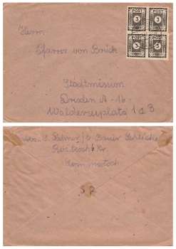 SBZ Ost Sachsen Ziffernserie Post Michel 51 viererblock auf Brief o Lommatzsch 21.2.1946