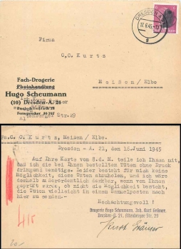Hitler's head blackening 6 Pfennig on card drugstore Scheumann o Dresden N21 17.6.1945 to Meissen