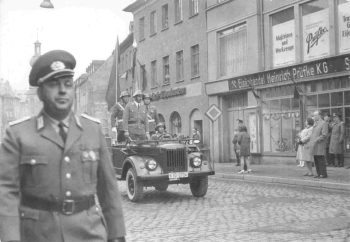 Saalfeld, Thuringia: Demonstration featuring an IFA H3A truck (GDR model), circa 1970; real photograph, 10.6 x 7.4 cm.
