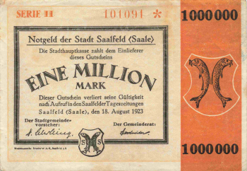 Saalfeld, Thuringia emergency money note, one million marks, 1923