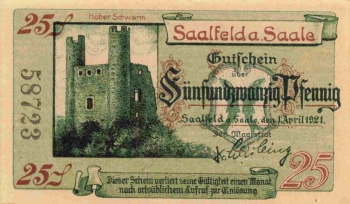 Saalfeld, Thuringia emergency money note, 1921