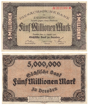 Saxon Bank of Dresden Five million marks August 12, 1923 RO755 SAX-14