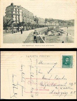 San Sebastian censorship stamp Censura Militar o 17.8.38 very rare!
