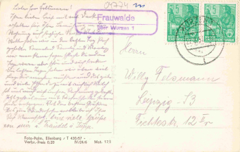 04774 Schmannewitz Landpoststempel Frauwalde über Wurzen 1 o 1957