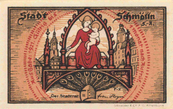 04626 Schmölln Städtenotgeld Wert 25 Pfg Marie mit Jesuskind 1921