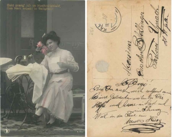 Schneider  Hausarbeit, Frau näht Hochzeitskleid, Nähmaschine, gebr. ca. 1910Schneider Hausarbeit Frau an der Nähmaschine, gebr. ca. 1910