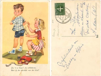 Schneiderin Mädchen näht Jungen Flicken an Hose  o 5.3.1959