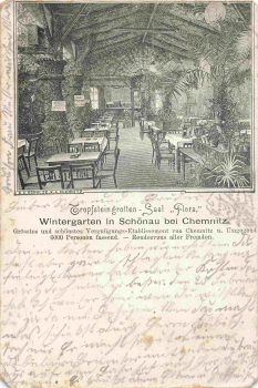 Schönau, Chemnitz, Saxony: "Flora" stalactite grotto hall in the winter garden – lithograph, c. 1900.