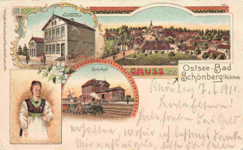 24217 Schönberg Holstein Litho Bahnhof Schule Tracht o 1911