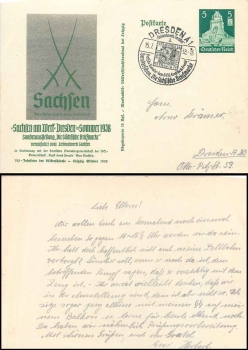 Sachsen am Werk 1938 postal stationery P269 special cancellation Dresden A1 stamp show 15.7.1938