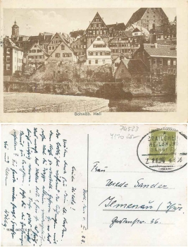 74523 Schwaebisch Hall o 4.3.1933 Bahnpost Crailsheim-Heilbronn Zug 2134