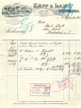Schwäbisch Hall Briefkopf Zapf & Lang Fettchemie 1.9.1913  Siederei, Öldestillation, Schmierfette, Schmieröle 