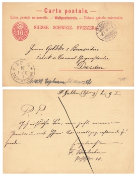 Schweiz 10 Rappen Ganzsache o St Gallen 9.1.1884 nach Dresden