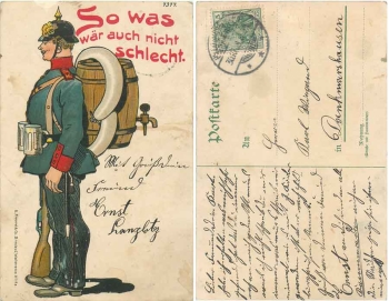 Deutscher Soldat mit Pickelhaube Bierfass und Wurst. Litho o 30.101908