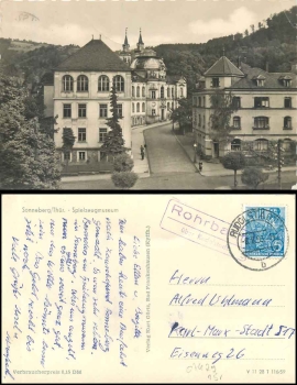 07429 Rohrbach über Rudolstadt Landpoststempel auf AK Sonneberg Spielzeugmuseum o 8.8.1959