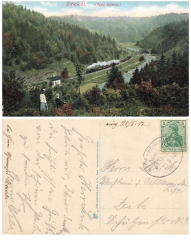 Steinicht Vogtland railway postmark Gera Weischlitz Zug 2171 May 27, 1912