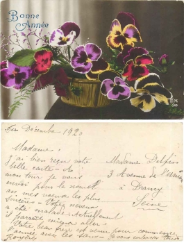 Stiefmütterchen in Korb, Neujahrskarte gebr. 1920