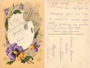 Stiefmütterchen mit Veilchen Farbpalette gebr. ca. 1920
