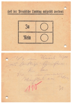 Stimmzettel "Soll der Preußische Landtag auf gelöst werden?"  1931